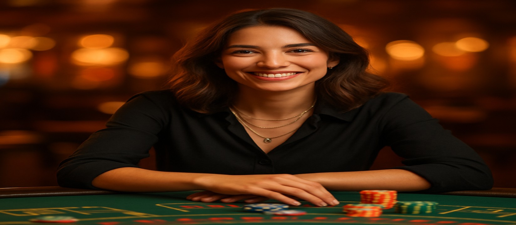 456bed গেমিং প্ল্যাটফর্মে কার্ড টেবিলের সামনে চিপ ও কার্ডসহ হাসিখুশি এক নারী প্রতিনিধি বিস্তৃত খেলার নির্বাচনের প্রস্তাব দেন