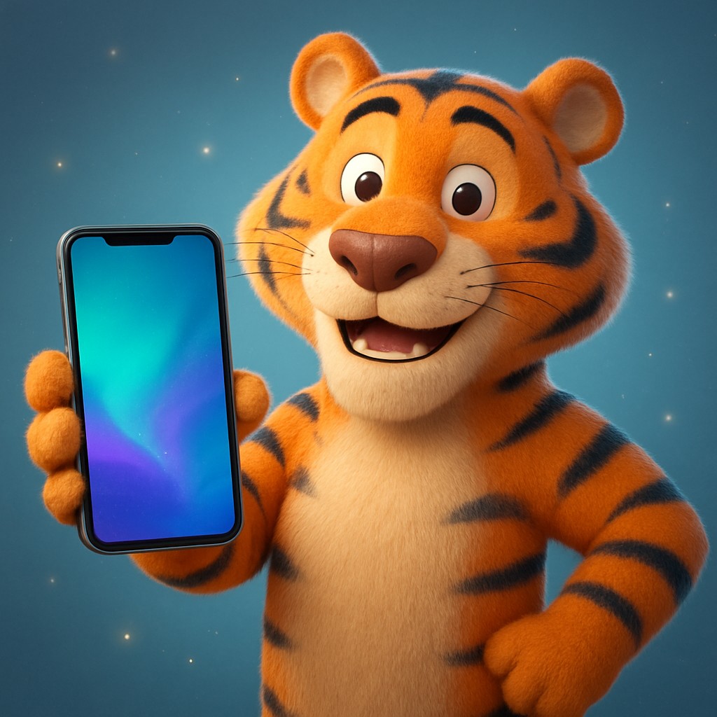 স্মার্টফোনে 456bed অ্যাপটি ব্যবহার করছে এমন একটি কার্টুন বাঘশাবক