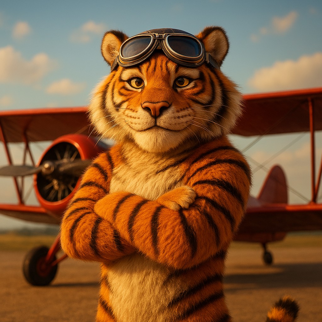এভিয়েটর গেমটির পরিচিত আইকনের মতো লাল বিমানের পাশে দাঁড়িয়ে থাকা টাইগার পাইলট
