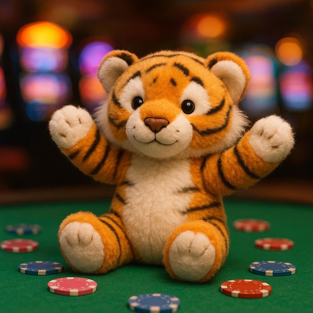 একটি ছোট বাঘছাগল একটি টেবিলের ওপর খেলার চিপসমূহ নিয়ে বসে আছে