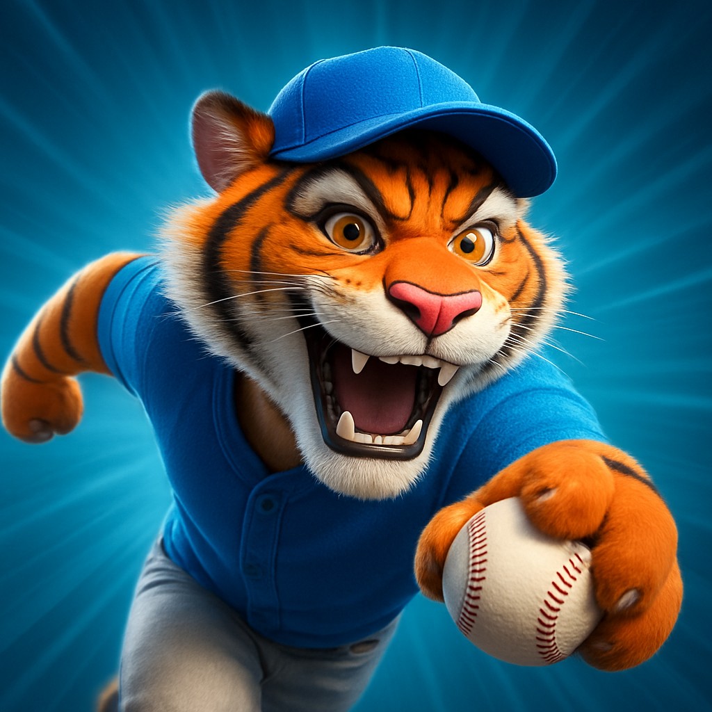456bed ক্রিকেট গেমিংয়ের প্রতীক হিসেবে ইউনিফর্ম পরা একটি উচ্ছ্বাসিত টাইগার শাবক, হাতে বল ধারণ করেছে