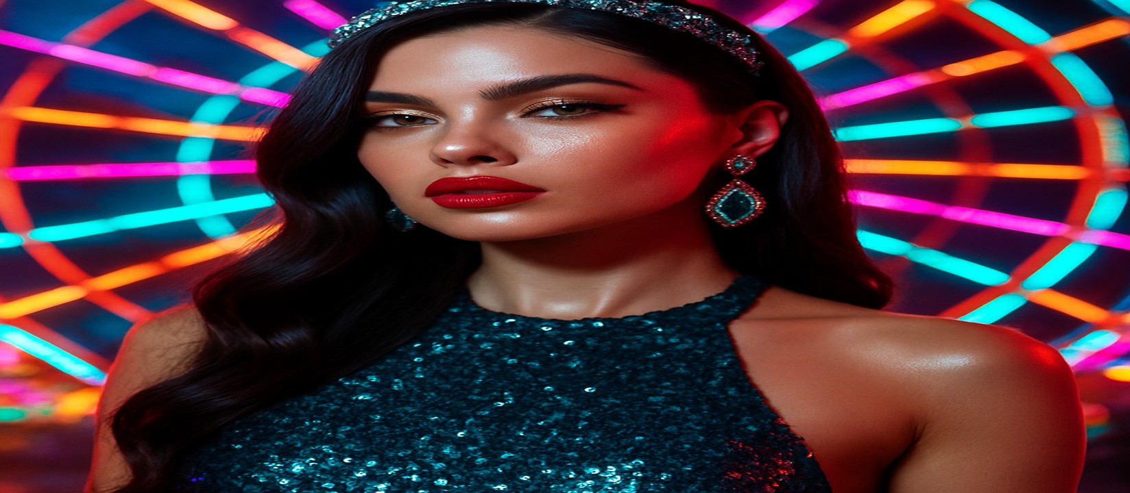 456bed এর রঙিন গেমিং প্ল্যাটফর্মের সামনে উজ্জ্বল পোশাকে এক নারী