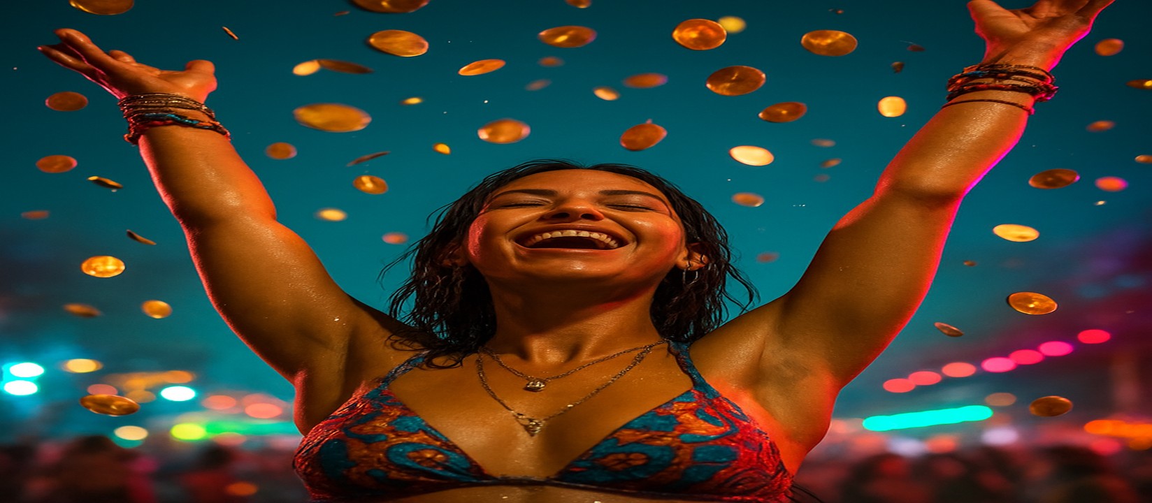 মুদ্রার ঝরনার মাঝে রঙিন পোশাকের একজন নারী